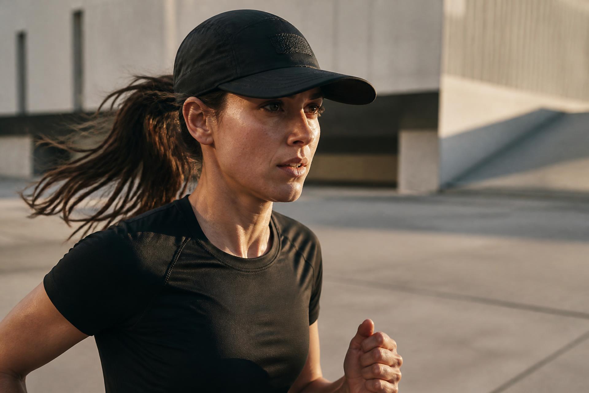Runner mid-stride wearing NOGNS APEX Hydro cap